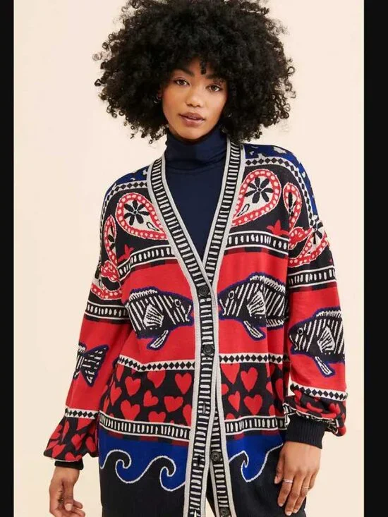 L Farm Rio x Anthropologie navy mixed prints knit cardigan sweater Fish & Hearts - Picture 2 of 11